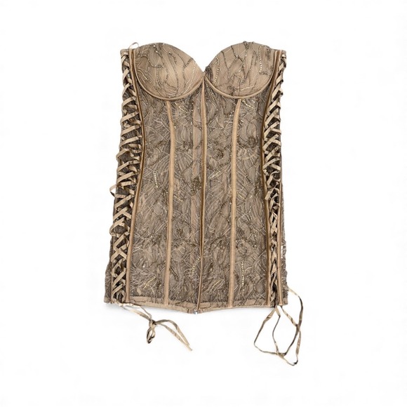 Retrofête Matilda‎ Strapless Lace Corset Mini Dress Tannin Size L - Picture 6 of 10